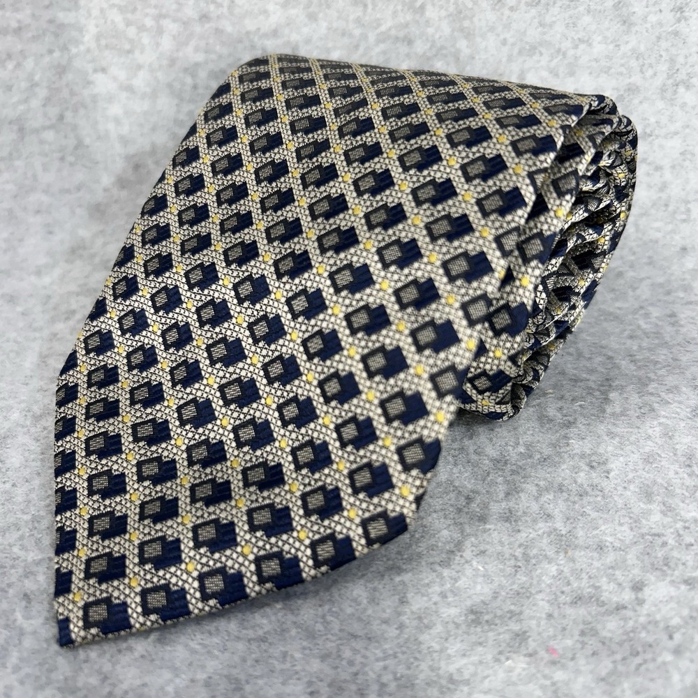 Emilio Santini Mens Tie Blue Gray‎ Geometric Squares Yellow Silk Necktie